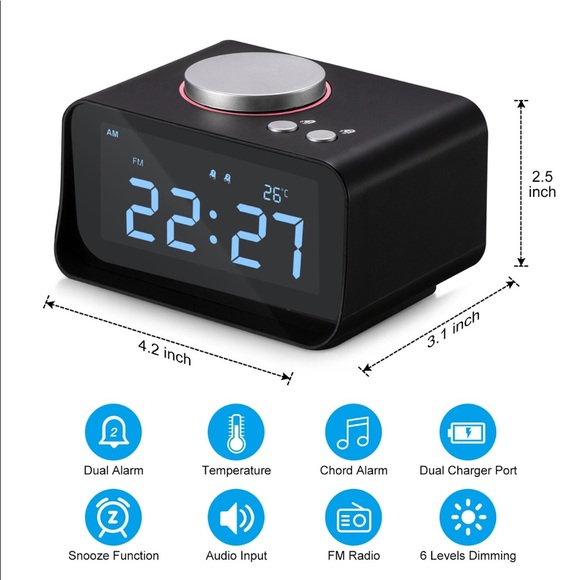 Alarm Clock Radio Fywonder, Dual USB Charger Port - Picture 5 of 7